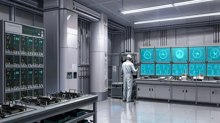 Vista interior de un laboratorio moderno de fusión nuclear con tecnología avanzada y pantallas de datos.