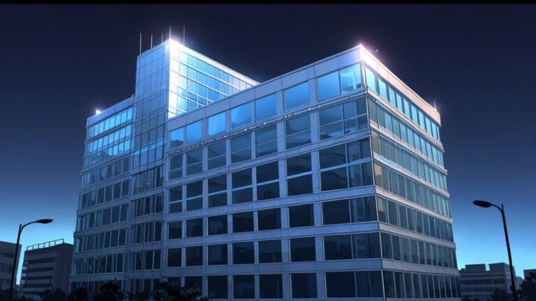 Edificios corporativos modernos iluminados por la luz del amanecer, representando crecimiento empresarial.