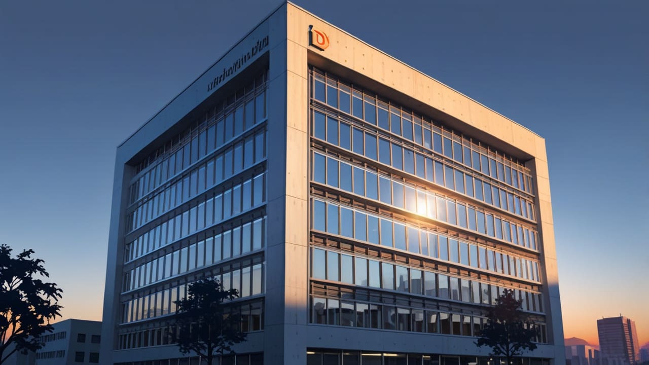Edificio corporativo moderno con logotipo de banco iluminado al atardecer