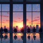 Modernas oficinas de venture capital iluminadas al amanecer