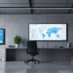 Oficina moderna con dispositivos tecnológicos y gráficos de crecimiento en pantalla