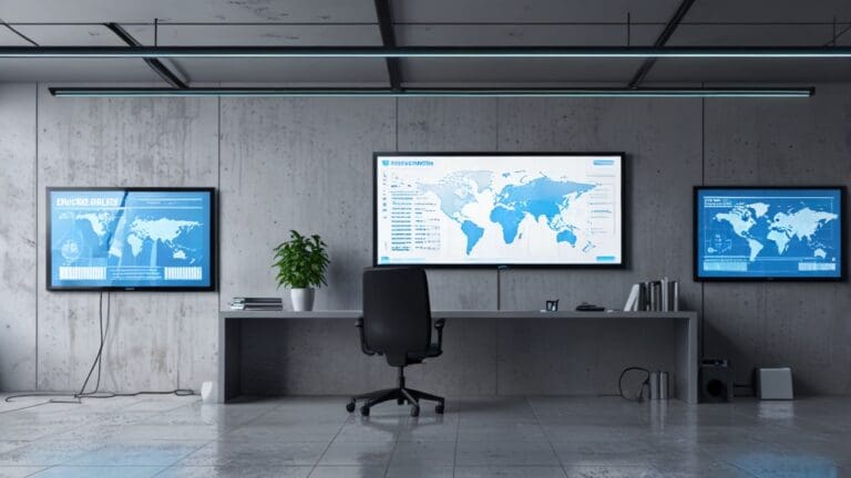 Oficina moderna con dispositivos tecnológicos y gráficos de crecimiento en pantalla