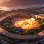 Vista aérea de un moderno centro de conferencias rodeado de naturaleza al atardecer