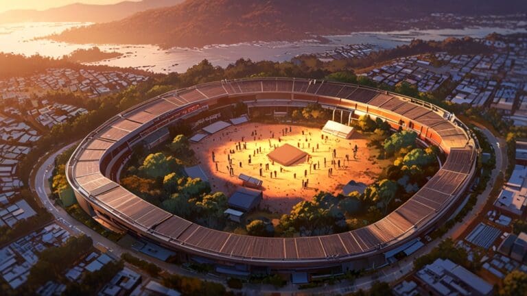 Vista aérea de un moderno centro de conferencias rodeado de naturaleza al atardecer