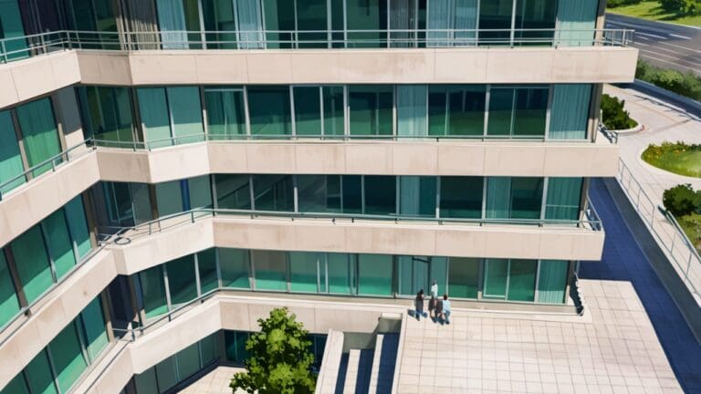 Vista aérea de un moderno edificio de oficinas tecnológicas rodeado de áreas verdes.