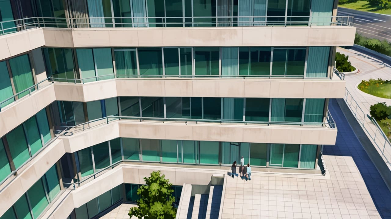 Vista aérea de un moderno edificio de oficinas tecnológicas rodeado de áreas verdes.