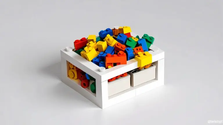 Piezas de LEGO multicolores recicladas en una mesa de oficina minimalista con fondo blanco.
