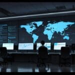 Oficina moderna de empresa de logística con equipos tecnológicos y mapas en la pantalla