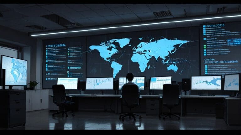 Oficina moderna de empresa de logística con equipos tecnológicos y mapas en la pantalla