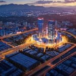 Vista aérea de un moderno centro de innovación en una ciudad al atardecer