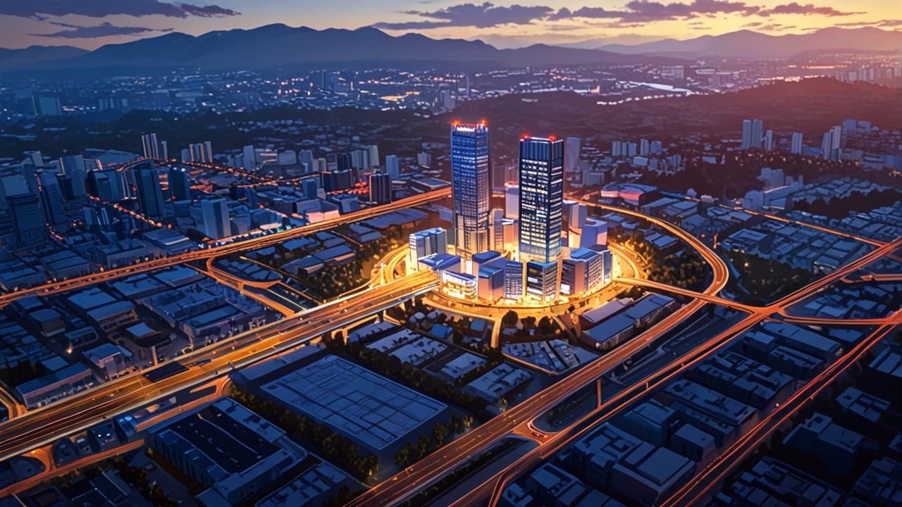Vista aérea de un moderno centro de innovación en una ciudad al atardecer