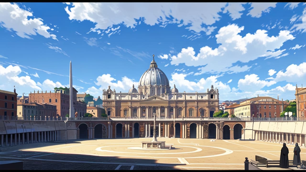 Vista panorámica de la Plaza San Pedro bajo un cielo nublado, rodeada de edificios históricos del Vaticano