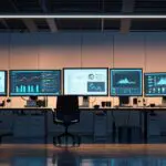 Oficina moderna de una startup tecnológica con computadores y pantallas que muestran gráficos de inteligencia artificial