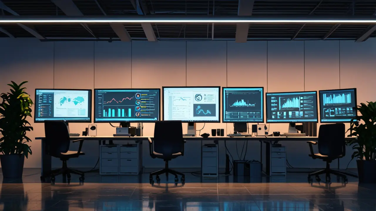 Oficina moderna de una startup tecnológica con computadores y pantallas que muestran gráficos de inteligencia artificial
