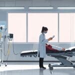 Ilustración de un paciente utilizando un dispositivo tecnológico en un entorno clínico moderno.