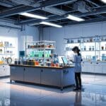 Centro de innovación tecnológica con equipos de laboratorio y emprendedores trabajando.