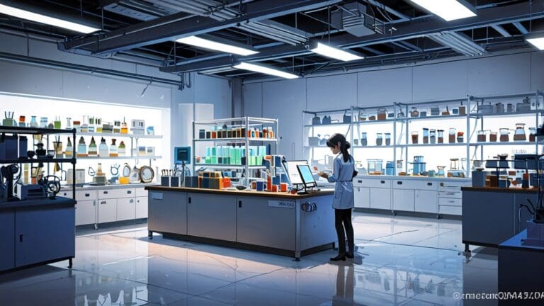 Centro de innovación tecnológica con equipos de laboratorio y emprendedores trabajando.