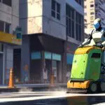 Robot autónomo limpiando una avenida concurrida en una ciudad moderna.