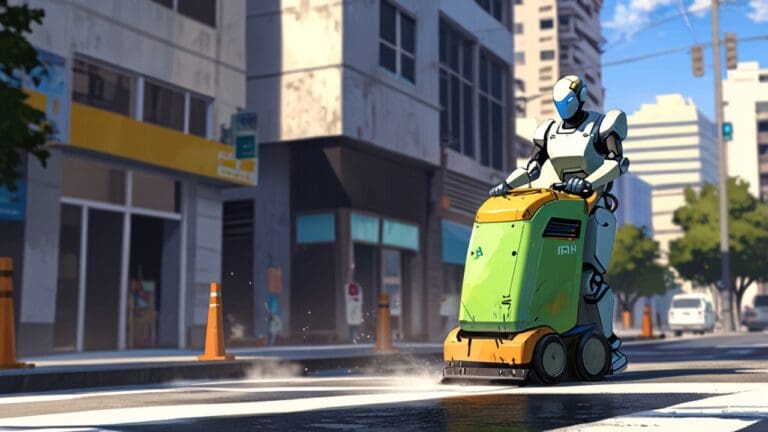 Robot autónomo limpiando una avenida concurrida en una ciudad moderna.