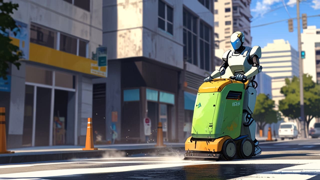 Robot autónomo limpiando una avenida concurrida en una ciudad moderna.