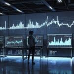 Imagen de una oficina moderna con laptops y pantallas mostrando gráficos de datos.