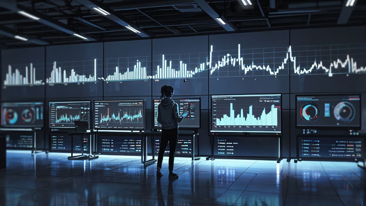 Imagen de una oficina moderna con laptops y pantallas mostrando gráficos de datos.