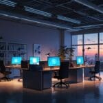 Oficina moderna con ordenadores y equipos tecnológicos, luz suave al amanecer