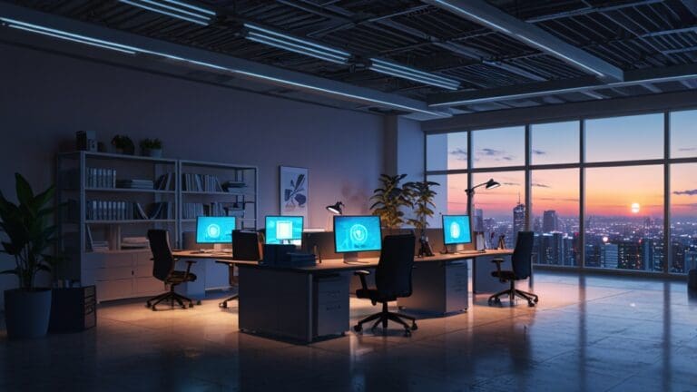Oficina moderna con ordenadores y equipos tecnológicos, luz suave al amanecer