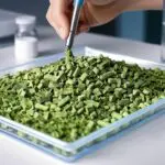 Primer plano de pellets de algas ubicados en una mesa de laboratorio moderna.