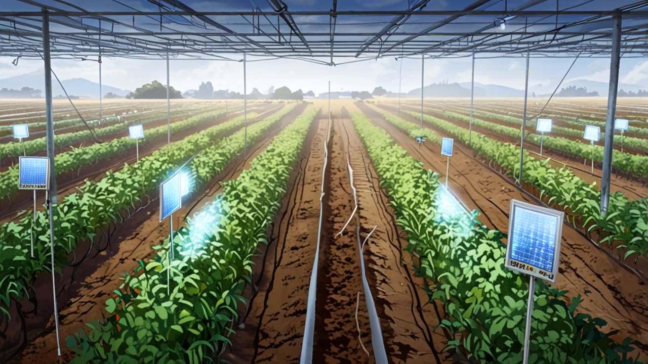 Un campo chileno con tecnología avanzada de monitoreo agrícola en un día soleado