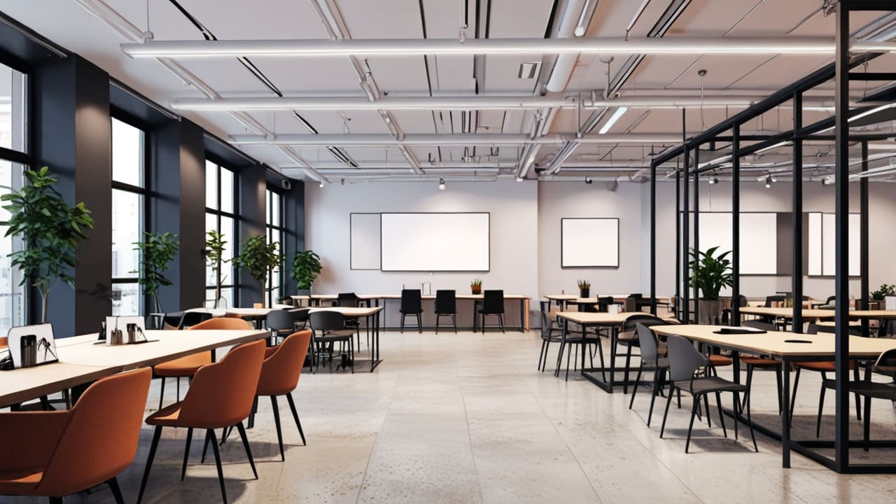 Interior moderno de un espacio de coworking con mobiliario elegante y dispositivos tecnológicos