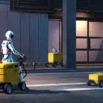 Robots autónomos limpiando eficientemente una ciudad moderna y tecnológica al amanecer.