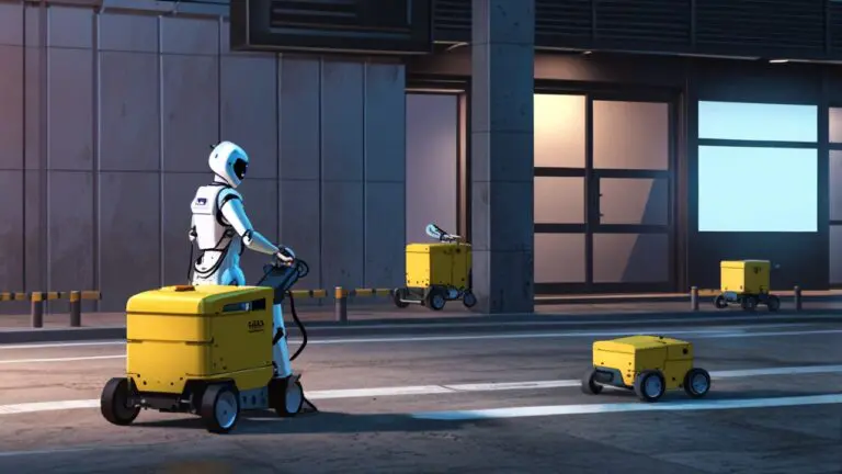 Robots autónomos limpiando eficientemente una ciudad moderna y tecnológica al amanecer.