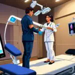 Una clínica moderna con equipo tecnológico avanzado y pantallas interactivas para rehabilitación médica.