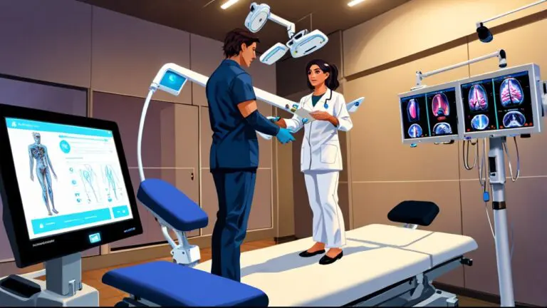 Una clínica moderna con equipo tecnológico avanzado y pantallas interactivas para rehabilitación médica.