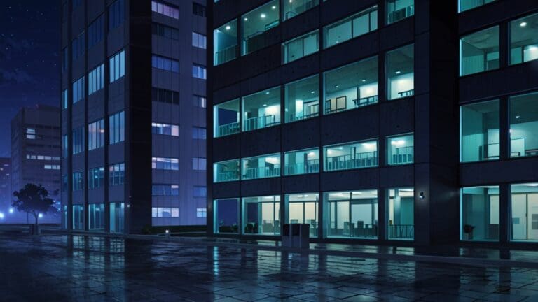 Oficinas modernas y tecnológicas con luces nocturnas en un entorno urbano.