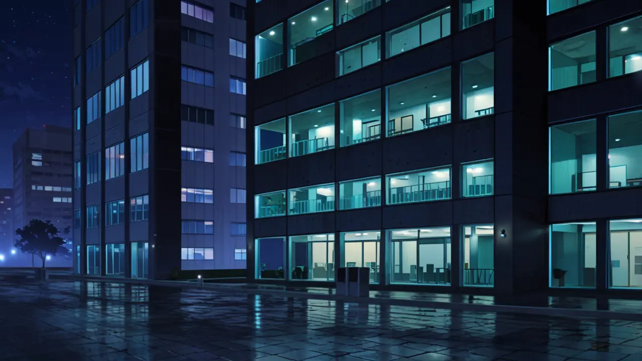 Oficinas modernas y tecnológicas con luces nocturnas en un entorno urbano.