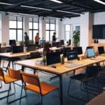 Espacio de coworking moderno con laptops y equipos tecnológicos