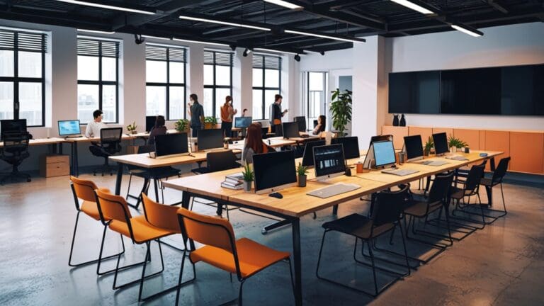 Espacio de coworking moderno con laptops y equipos tecnológicos