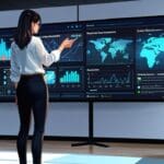 Una moderna oficina de startup con pantallas mostrando interfaces de inteligencia artificial