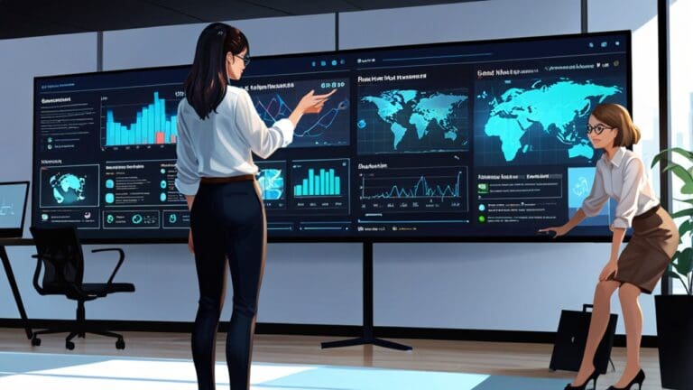 Una moderna oficina de startup con pantallas mostrando interfaces de inteligencia artificial