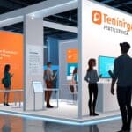 Exhibición tecnológica de startups en un recinto ferial con paneles modernos y tecnología de punta.