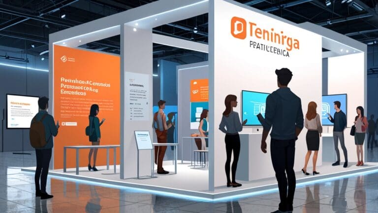 Exhibición tecnológica de startups en un recinto ferial con paneles modernos y tecnología de punta.