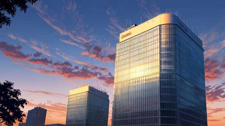 Edificio moderno y tecnológico al atardecer, simbolizando el avance y la innovación financiera.
