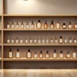 Plano medio de frascos de perfumes artesanales en estantes de madera en un estudio moderno y minimalista