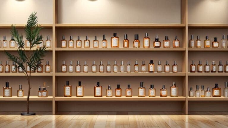 Plano medio de frascos de perfumes artesanales en estantes de madera en un estudio moderno y minimalista
