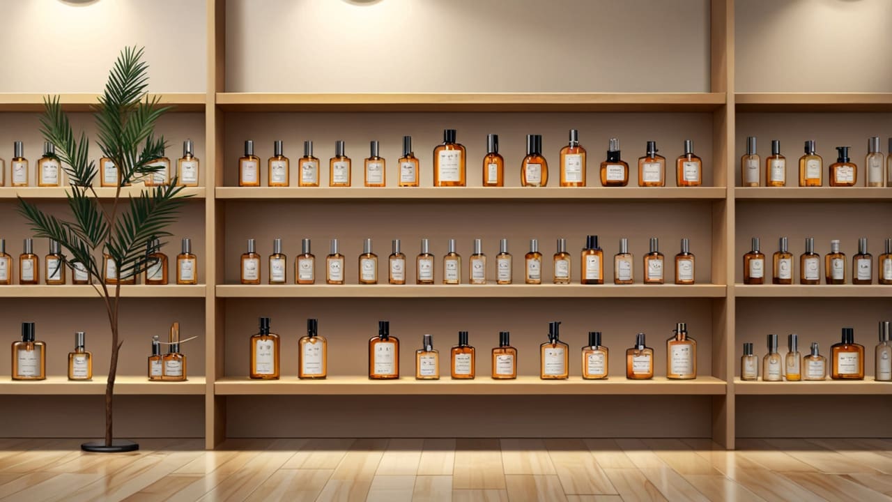 Plano medio de frascos de perfumes artesanales en estantes de madera en un estudio moderno y minimalista