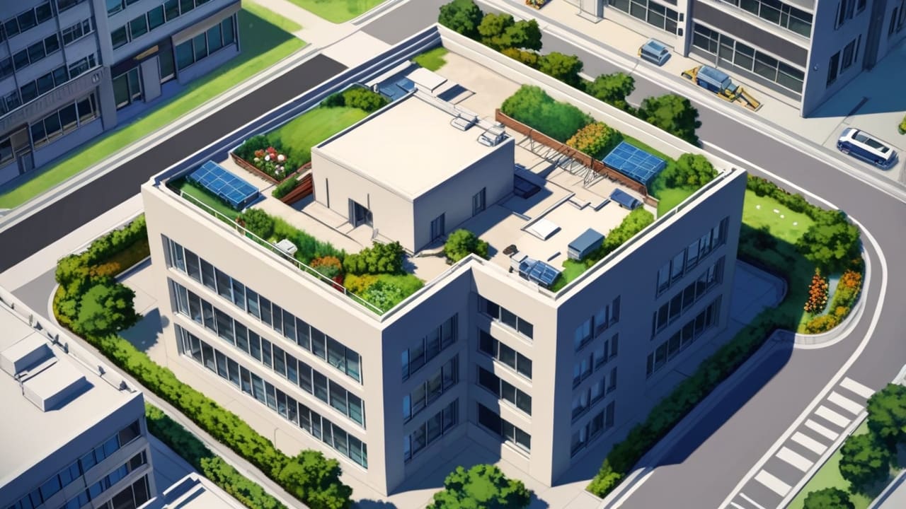 Vista aérea de un moderno edificio corporativo rodeado de vegetación