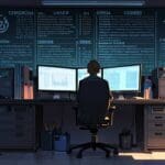 Interiores de una oficina moderna con símbolos de criptomonedas en pantallas de computadoras