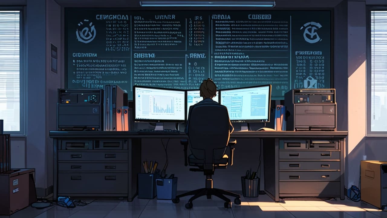 Interiores de una oficina moderna con símbolos de criptomonedas en pantallas de computadoras
